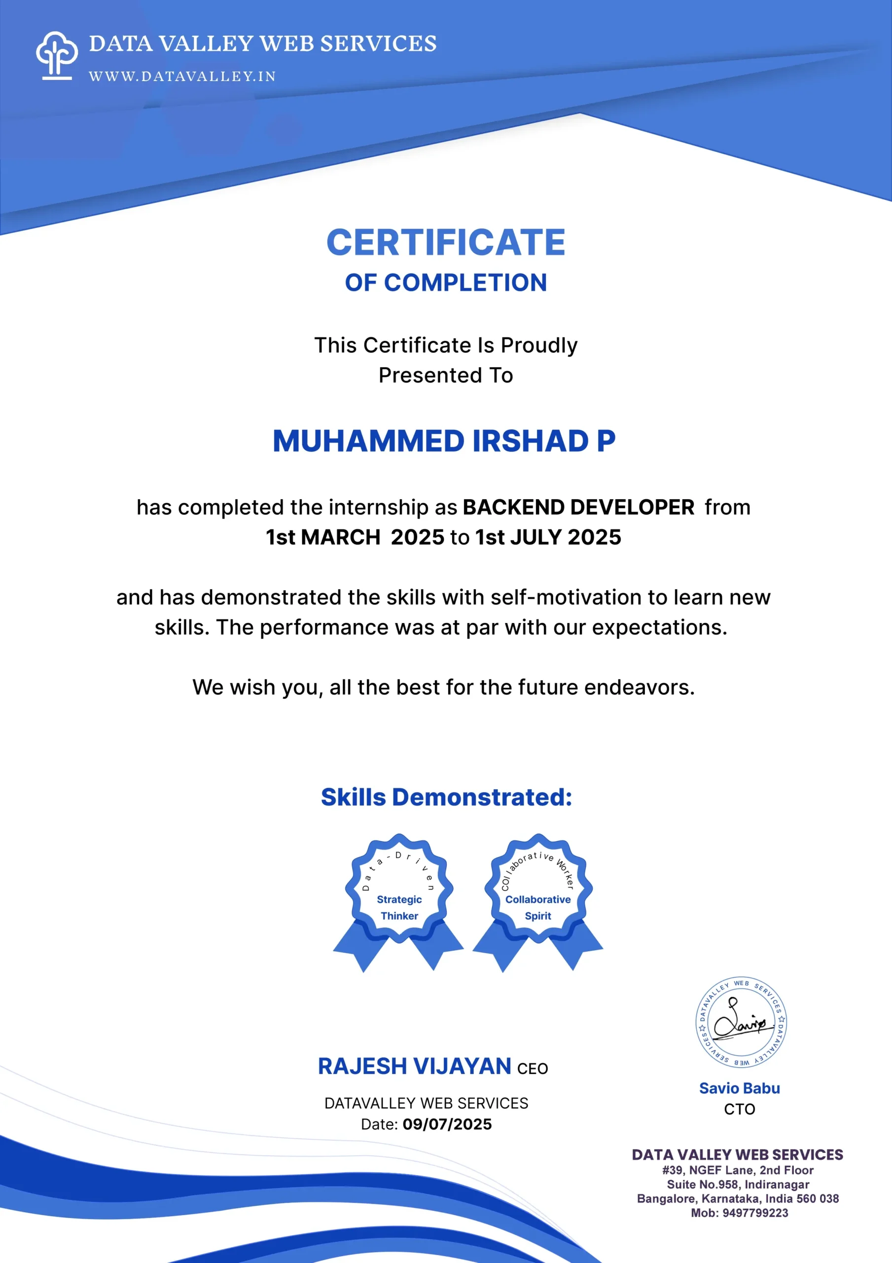 Backend developer internship certificate